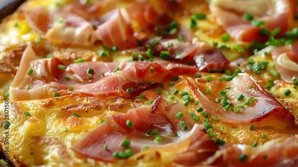 This culinary creation showcases the process of making a Spanish tortilla layered with delicious meats and herbs. This culinary creation showcases the process of making a Spanish tortilla layered with delicious meats and herbs.