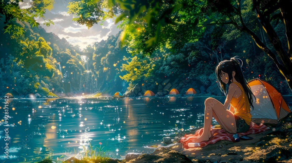 Fototapeta premium Art illustration camping in the jungle anime style