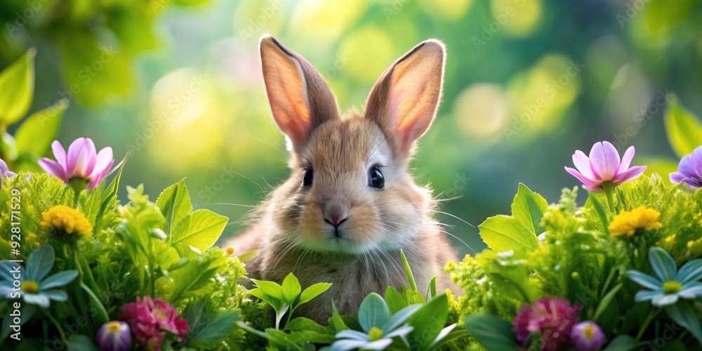 Adorable gentle bunny with soft fur and bright curious eyes peeks out from behind a handful of fresh lush green leaves and colorful blooms. Adorable gentle bunny with soft fur and bright curious eyes peeks out from behind a handful of fresh lush green leaves and colorful blooms.