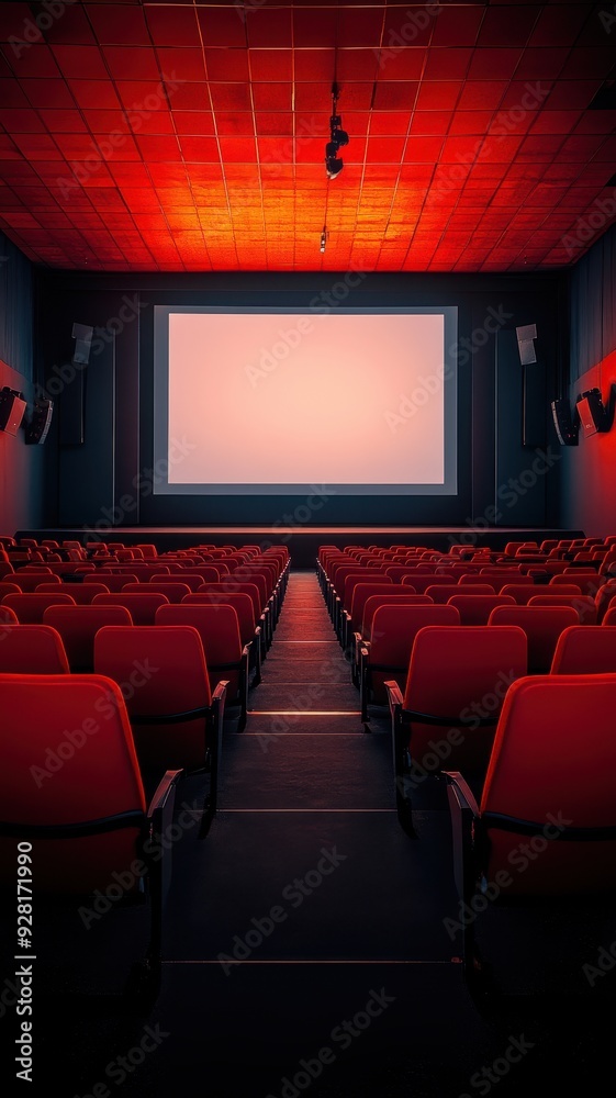 Obraz premium People in the cinema auditorium with Cinema blank wide screen and red chairs in the cinema hall,People silhouettes watching movie performance,empty white screen,space for text,copy space.