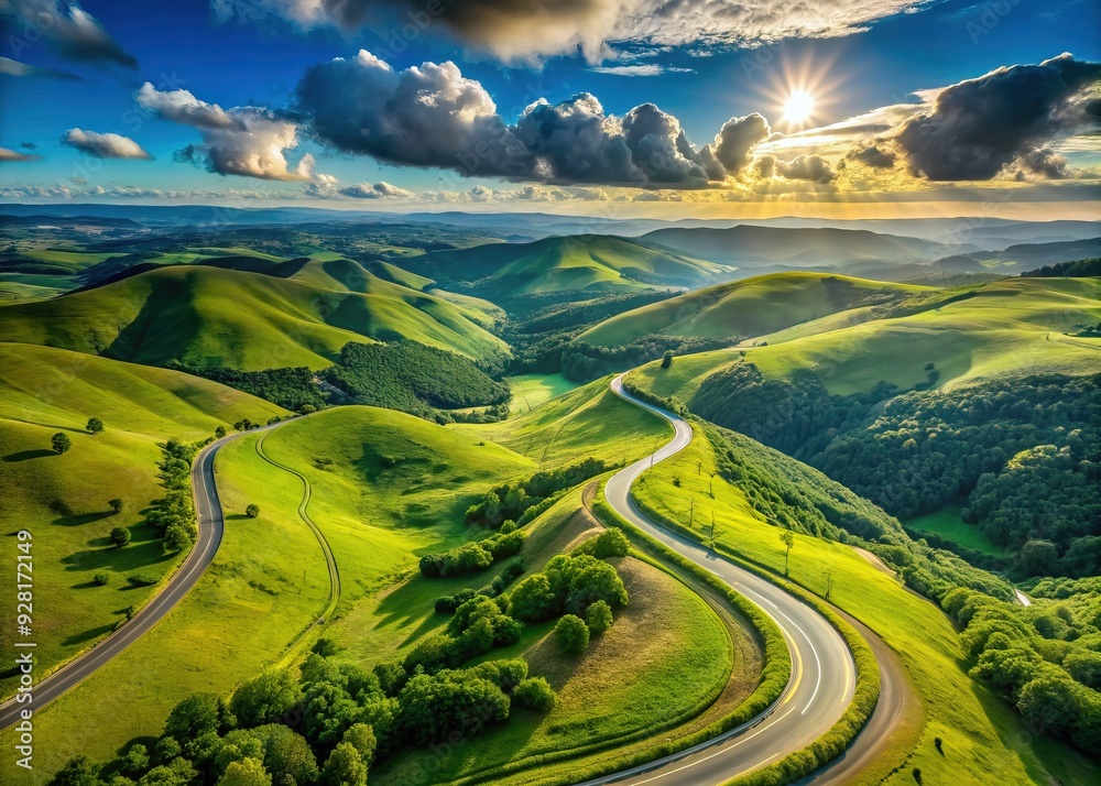 Aerial view of a winding road that disappears into the horizon ...