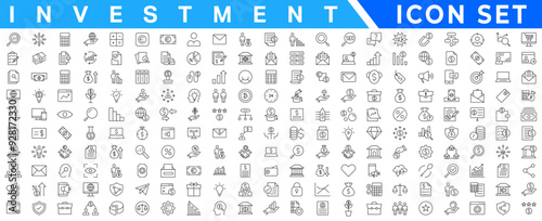 Investment Line Editable Icons set. Finance icon set. With Concepts like Profit, Losses, Stock, Tax, Exchange, Budget, Funds, Earnings, Money and Revenue icons. Blue Colored Outline Icons