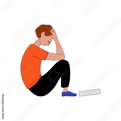 Upset guy is sitting on floor very sad. There is document or letter nearby. Bad news. Expulsion, dismissal, poor grades. Man with sheet of paper. Flat vector illustration on white background for your 