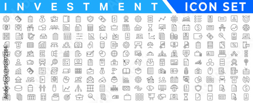 Investment Set of line icons related to accounting, audit, and taxes. Outline icon collection. .Income set. Containing money, tax, earnings, payment, work, pension, and wages icons