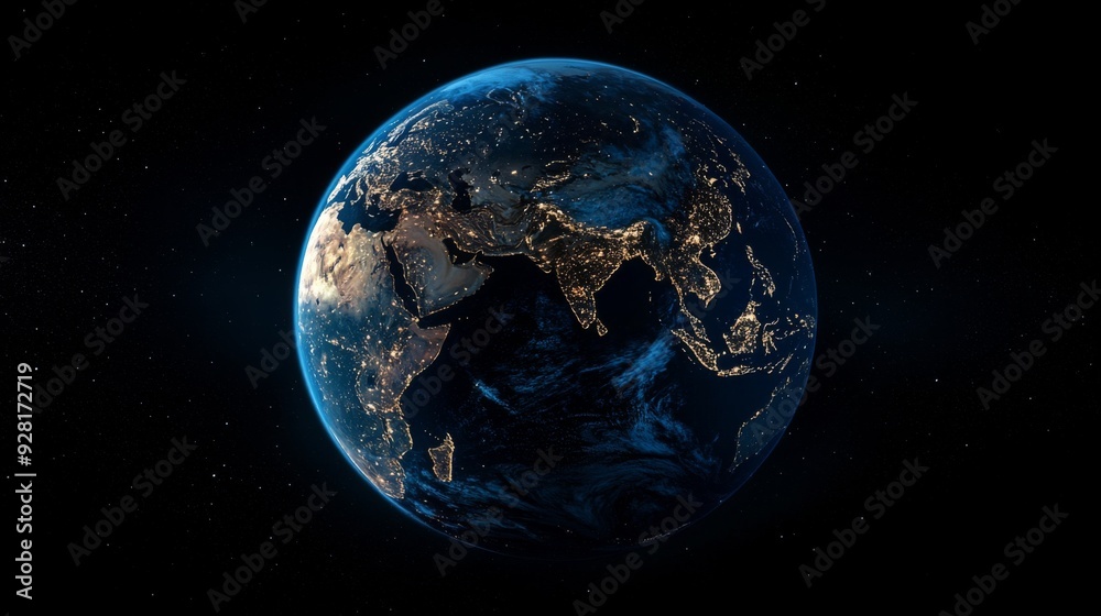 Obraz premium Earth at night with city lights and stars.