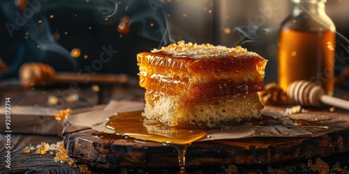 Honey spilled beside a honey infused cake showcasing its rich flavor and aroma on a wooden board photo