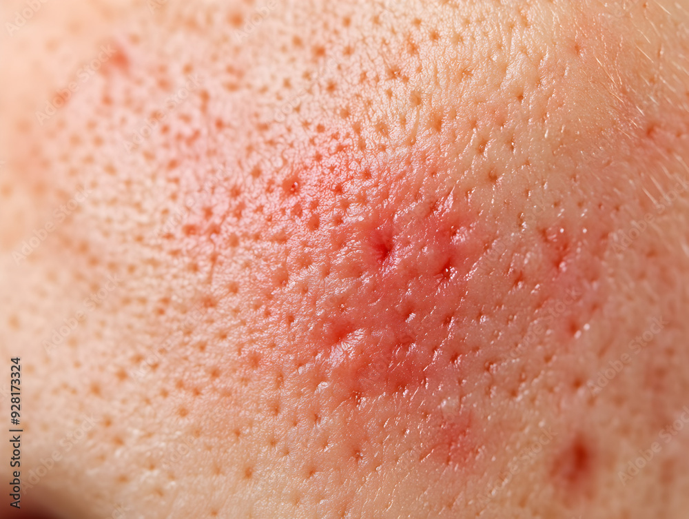 Fototapeta premium photo of a close-up of human skin with a red rash and irritated pores 