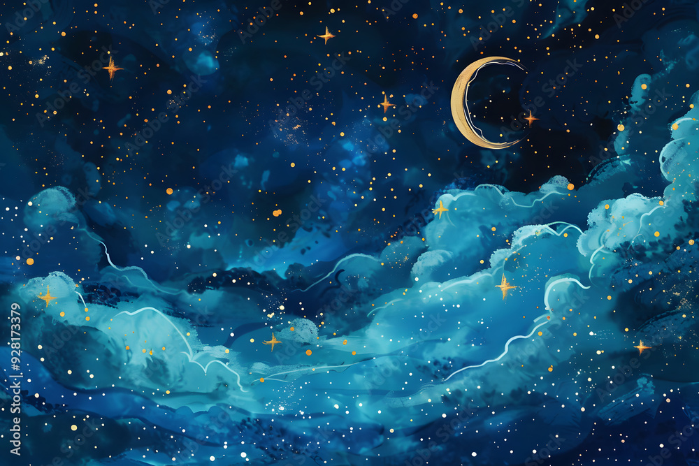 夜空と星のイラスト:月と雲の幻想的な風景 夜空と星のイラスト:月と雲の幻想的な風景