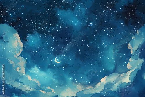 夜空と星のイラスト：月と雲の幻想的な風景