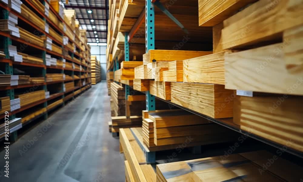 Close up of neatly stacked wood planks in a warehouse aisle.