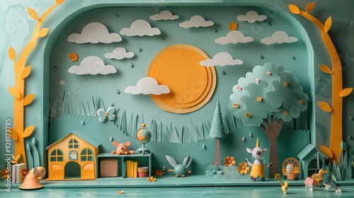 A whimsical papercut classroom scene with playful elements such as paper cutout animals and educational toys. 