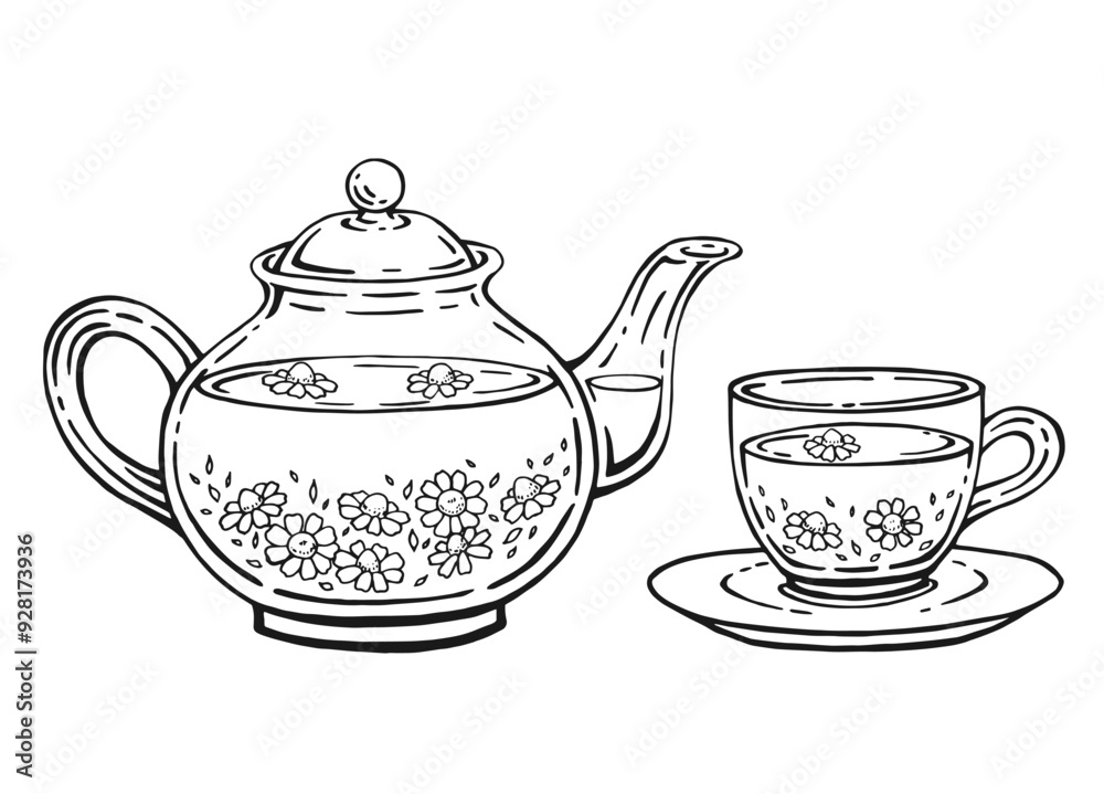 Hand drawn teapot, cup, chamomile. Vector illustration in outline style. Hand drawn teapot, cup, chamomile. Vector illustration in outline style.