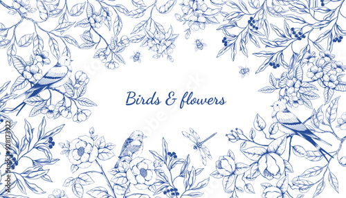 Birds and flowers. Floral chinoiserie card, blue and white spring tree, luxury nature art with hand drawn elegant Sakura. Engraving drawing forest isolated elements. Banner design. Vector label