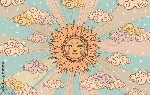 Mystical celestial astrological banner sun with face, solar eclipse, vector esoteric zodiac poster, horoscope, tarot. Universe creation with clouds, stars and sun.