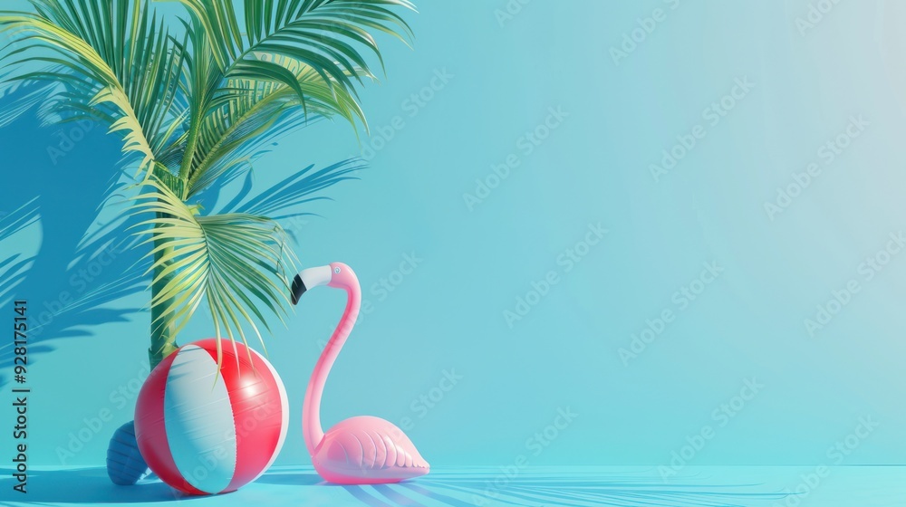 Naklejka premium Summer Beach Scene with Flamingo and Palm Tree