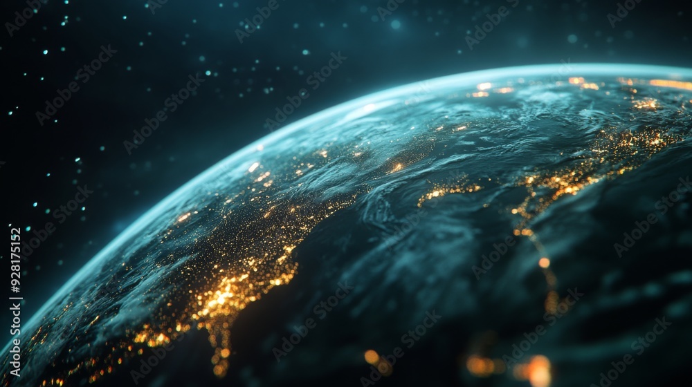 Obraz premium Earth's glowing surface seen from space, with a dark blue background and stars.