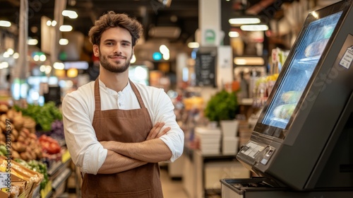 young man working in the supermarke wearing an apron and shirt, Working at the cashier department photo