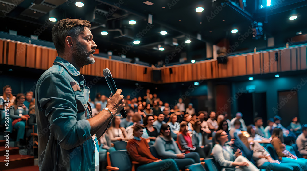 A man with a beard, dressed in a blue shirt, delivering a speech to a large, engaged audience, who are listening intently. A man with a beard, dressed in a blue shirt, delivering a speech to a large, engaged audience, who are listening intently.