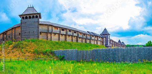 Panorama of Kyiv Rus Park with wooden citadel and palisade, Ukraine photo