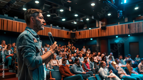 A man with a beard, dressed in a blue shirt, delivering a speech to a large, engaged audience, who are listening intently.