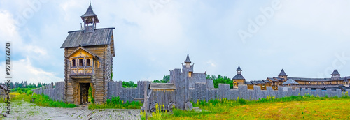 Panorama of timber fortifications in Kyiv Rus Park, Ukraine photo