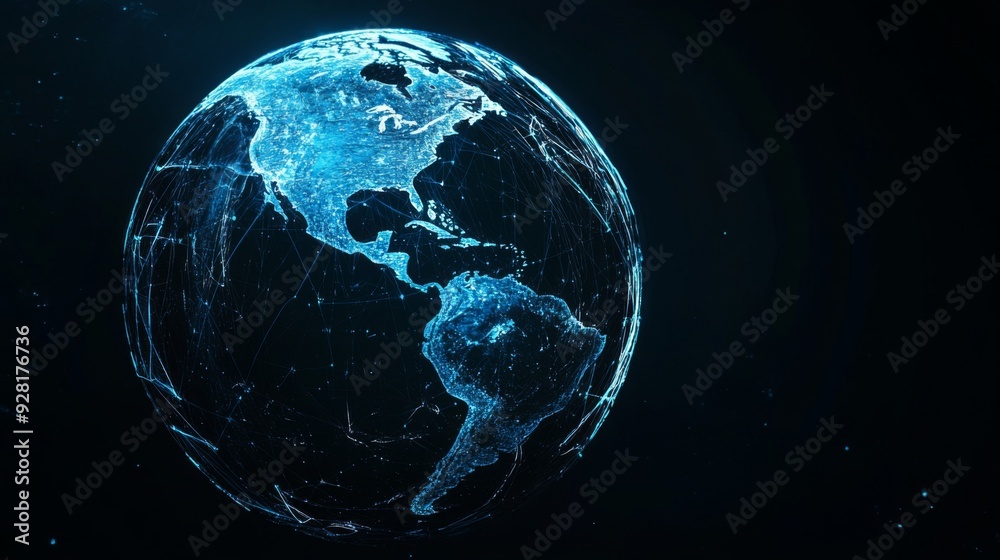 Blue glowing digital world map with connecting lines and dots. Blue glowing digital world map with connecting lines and dots.