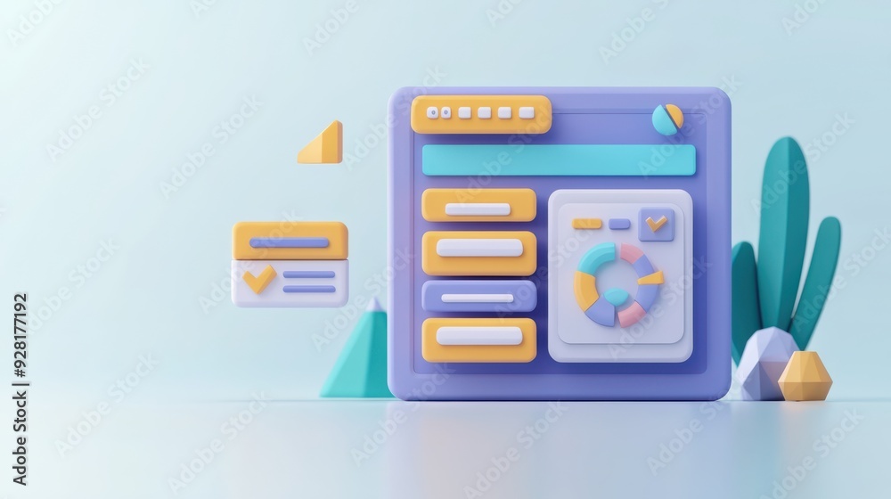 A colorful 3D illustration of a web interface with buttons and graphs, designed for modern digital experiences and creativity. A colorful 3D illustration of a web interface with buttons and graphs, designed for modern digital experiences and creativity.