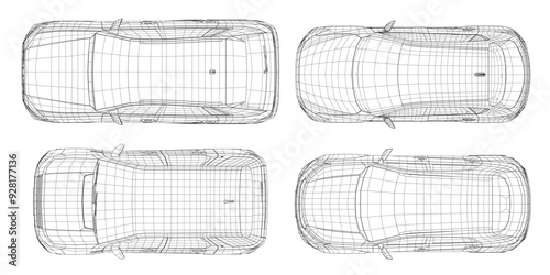 Set of wireframe different models of cars. Vector flat style illustration. Top view car vector illustration. 3D
