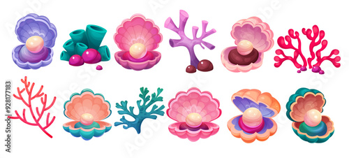 Under the sea. Seashell, tropical shellfish and beach snail shell. Ocean coral, conch and cute underwater reef, undersea decorative colorful exotic natural flora. Vector elements cartoon set