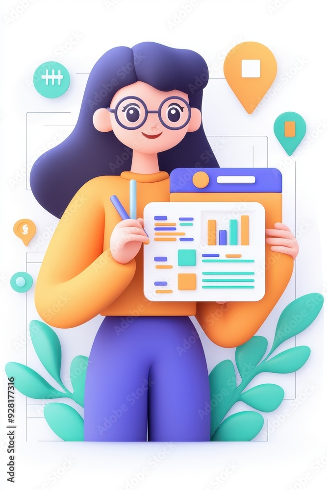 A modern illustration of a woman holding a digital report, perfect for concepts of analytics, business, and technology. A modern illustration of a woman holding a digital report, perfect for concepts of analytics, business, and technology.