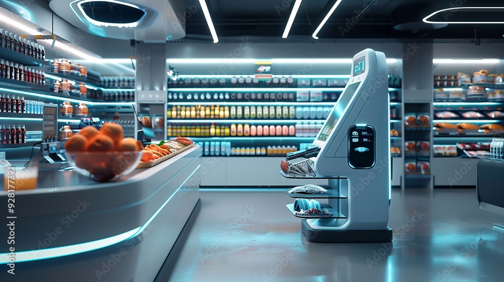 Futuristic self-checkout kiosk in a modern grocery store with blue LED lighting.