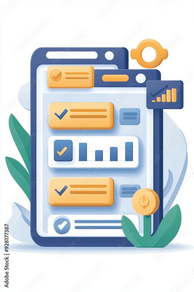 A vibrant illustration of mobile app features, showcasing checklists and data charts, ideal for tech and design projects. A vibrant illustration of mobile app features, showcasing checklists and data charts, ideal for tech and design projects.