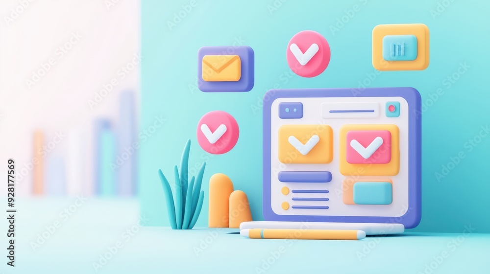 Colorful digital interface with icons, checkmarks, and a modern design theme, perfect for illustrating technology and communication concepts. Colorful digital interface with icons, checkmarks, and a modern design theme, perfect for illustrating technology and communication concepts.
