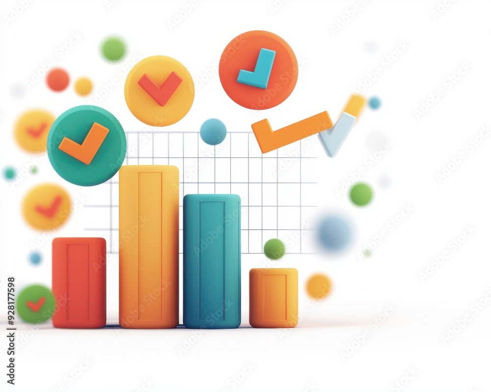 Colorful bar chart with check marks and circles, representing data visualization and analysis for business growth. Colorful bar chart with check marks and circles, representing data visualization and analysis for business growth.