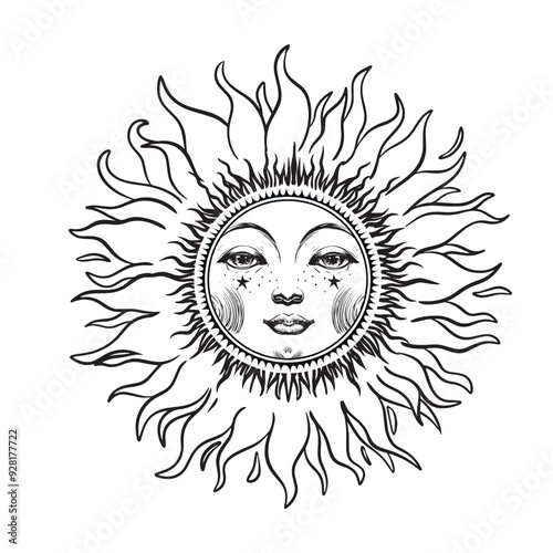 Mystical sun or moon with face, celestial astrology logo, Boho zodiac icon, Tarot. Magic vector outline hand drawn tattoo isolated on white background.