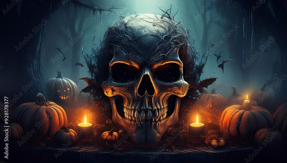 A creepy laughing pumpkin and an old skull set on a gothic fireplace, perfect for a Halloween atmosphere filled with witchcraft and magic. A creepy laughing pumpkin and an old skull set on a gothic fireplace, perfect for a Halloween atmosphere filled with witchcraft and magic.