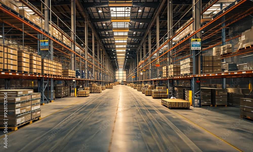 Empty warehouse aisle with stacked boxes on shelves. Empty warehouse aisle with stacked boxes on shelves.