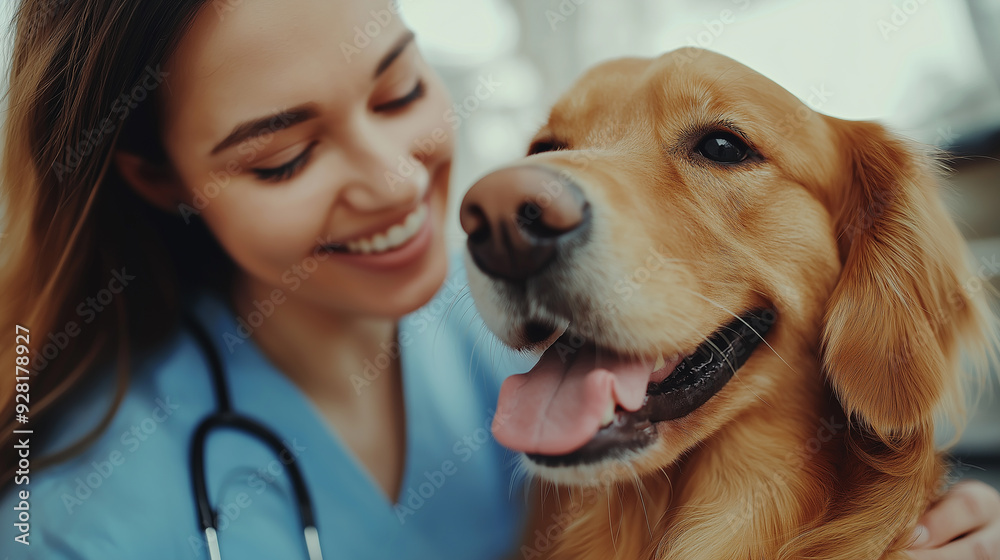 A veterinarian smiles while examining a golden retriever in a clinic, showcasing a moment of care and connection during a routine check-up