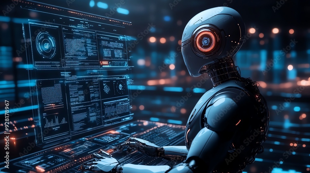 Futuristic AI Robot Working On Computer. Futuristic AI Robot Working On Computer.