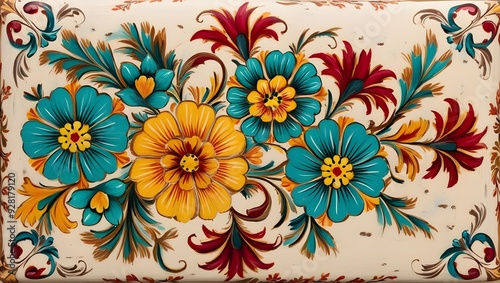 A vibrant and intricate Norwegian Scandinavian rosemaling traditional hand-painted folk art piece featuring bright floral patterns in shades of turquoise, golden yellow, and crimson red, set against