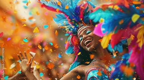 A beautiful young woman is dancing with her face decorated with beautiful feathers, enjoying the carnival celebration. Creative art illustration.