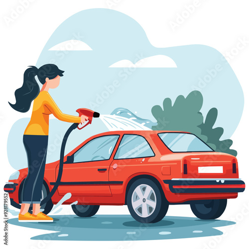 Woman washing her car with spraying hose vector