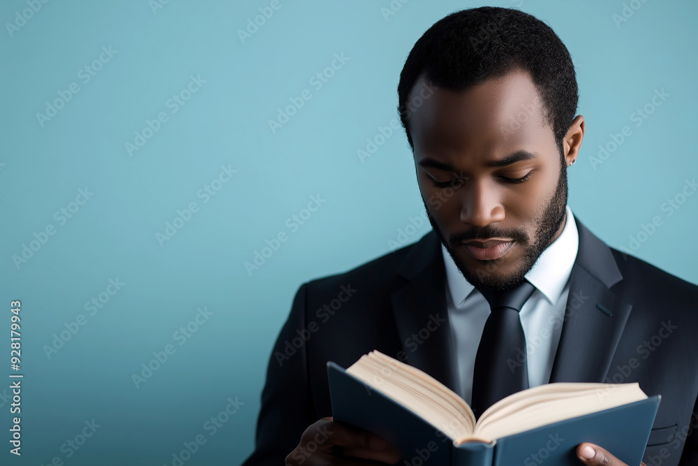 Focused Businessman Reading a Book, Formal Suit and Tie, Blue Background Focused Businessman Reading a Book, Formal Suit and Tie, Blue Background