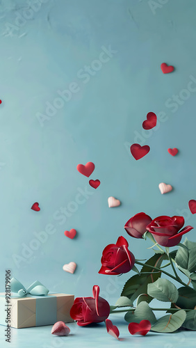 Soft Romantic Red Roses and Hearts on Light Blue Background photo