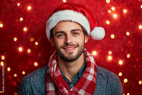 Smiling Young Man in Santa Hat and Plaid Scarf, Festive Red Holiday Background photo