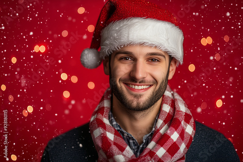 Smiling Young Man in Santa Hat and Plaid Scarf, Festive Snowy Background photo