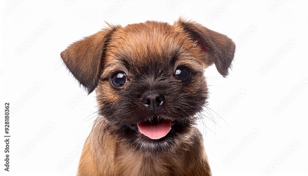 笑顔のベルジアン・グリフォンの子犬のポートレート（Portrait of a smiling Belgian Griffon puppy on white background）
