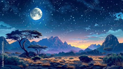 Art illustration of savanna on night