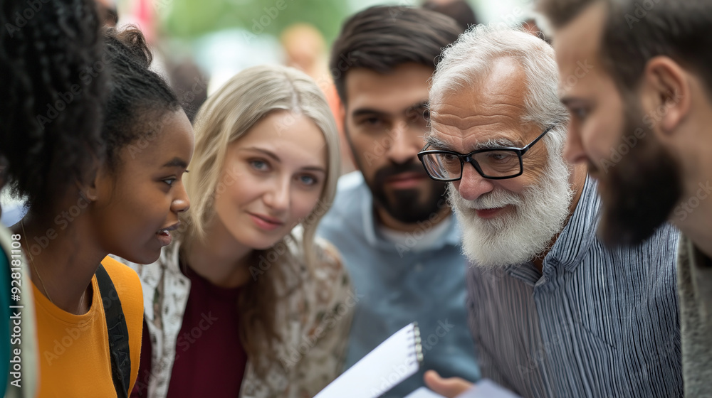 Fototapeta premium Group of diverse individuals engaged in a discussion outdoors during a community event