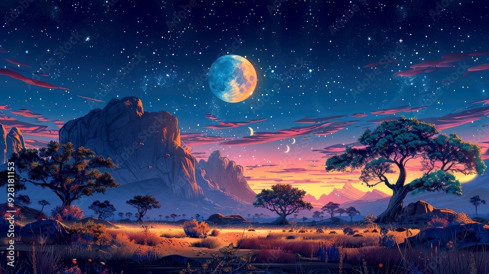 Naklejka premium Art illustration of savanna on night